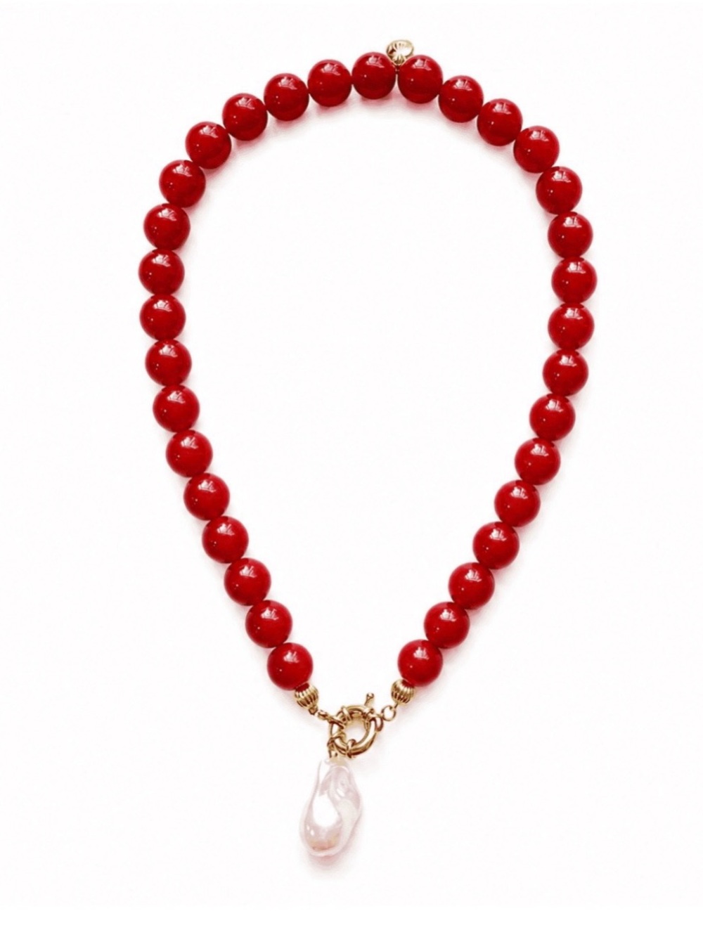 Bold Red Beaded Necklace with Pearl Drop Pendant - Women Jewelry by Mayamar